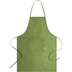 A green apron with a single front pocket and long ties for securing at the waist. It features a logo on one side.