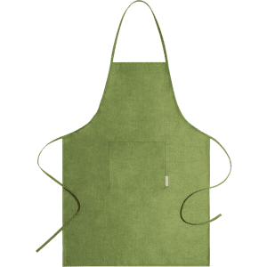A green apron featuring a front pocket and adjustable ties. It has a branding logo.