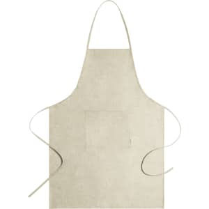 A beige apron with a pocket and ties, featuring a simple design and neutral colour.