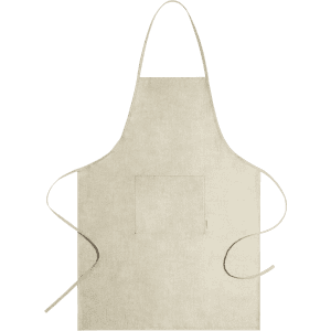 A light beige apron with a front pocket and ties at the waist, featuring a logo design.