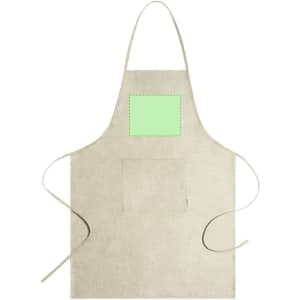 A beige apron featuring a front pocket and a blank area for a logo or branding. The apron has ties at the waist.