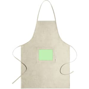 A beige apron with a front pocket and ties, featuring a branding logo.