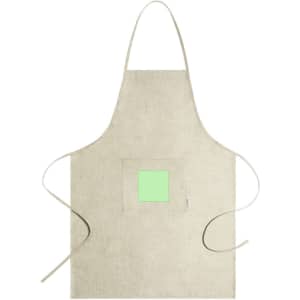 A beige apron with a square pocket in the centre, featuring ties at the waist and a logo.