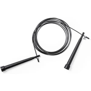 A black skipping rope with two handles and a coiled wire, featuring a logo on the handles.