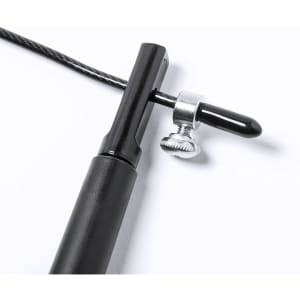 A black skipping rope handle with a silver attachment mechanism, featuring a metal cable.