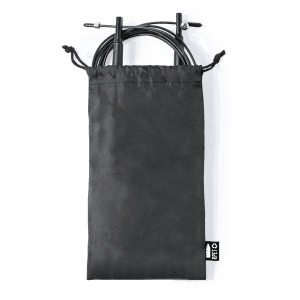 A black skipping rope stored in a matching fabric pouch, featuring metallic handles.
