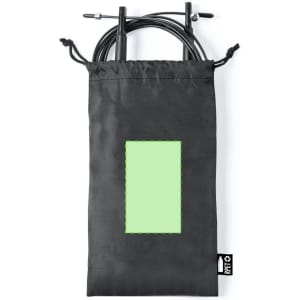 A black drawstring bag containing a skipping rope with black handles and green accents.