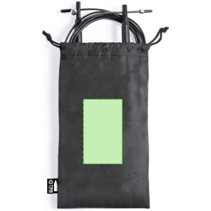 A black pouch containing a skipping rope, with a green label area and silver handles.