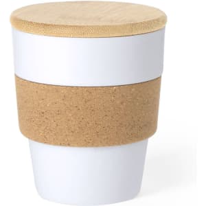 A travel mug featuring a white upper section, a cork band, and a wooden lid. It includes a logo on the surface.