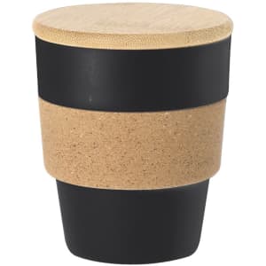 A drink bottle featuring a black and beige design with a bamboo lid and a cork band. It has a logo.