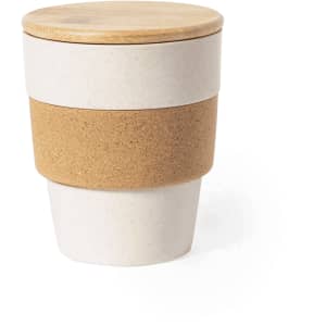 A travel mug featuring a white and cork design with a wooden lid, stacked in a modern style.