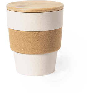 A drink bottle in cream and cork, featuring a wooden lid, stacked design, and a smooth finish.