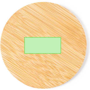 A round bamboo coaster featuring a rectangular space, with a natural wood finish. It has branding on the surface.