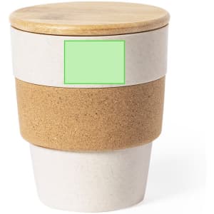 A travel mug featuring a white top, brown cork band, and a wooden lid, with a logo on the surface.