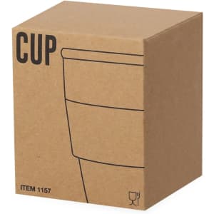 A drink bottle in a simple cardboard box, featuring an outlined design of a cup. The packaging is plain with no prominent colours.