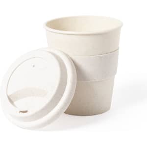 A travel mug set featuring three cream-coloured cups with matching lids, designed for easy stacking.