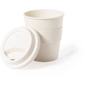 A drink bottle set featuring three biodegradable cups in a neutral beige colour, with a matching lid.