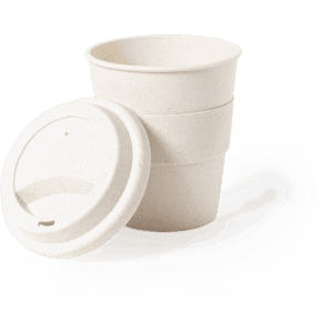 A travel mug set in a cream colour with a lid, featuring three stacked cups. It has a simple design and a logo.