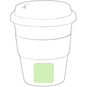 A travel mug in white with a green accent, featuring a lid and a smooth, curved design. It has a brand logo.