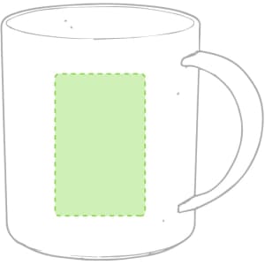 A white coffee mug with a green rectangular area for custom branding.