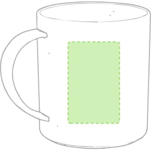 A green outline of a coffee mug featuring a blank rectangular area for custom branding or design.