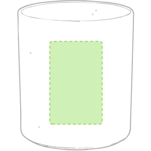 A coffee mug with a cylindrical shape and a green rectangular area for branding or decoration.