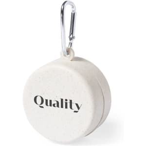 A foldable cup in a white, speckled finish, featuring a silver carabiner for attachment and a logo.