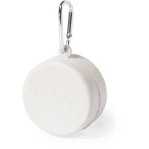 A foldable cup in a speckled white colour with a metal carabiner for attachment. Features a logo.