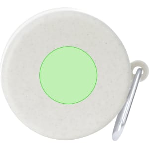 A foldable cup in a neutral white colour with a green circular accent, featuring a metallic attachment.
