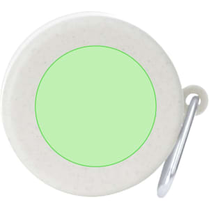 A foldable cup in a light grey colour with a green circular centre and a metal clip attachment. It features a logo.