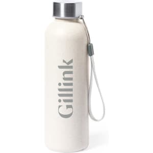 A drink bottle in a matte cream finish with a metal cap and a logo. It includes a carrying strap.