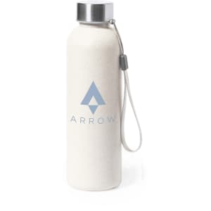 A drink bottle in a light cream colour with a silver lid and a logo, featuring a handy wrist strap.