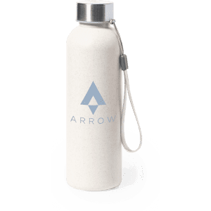 A drink bottle in a textured off-white colour, featuring a silver lid and a logo. It includes a detachable strap.
