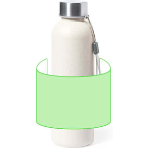 A drink bottle in a light colour with a metallic cap and a carry strap, featuring a logo.