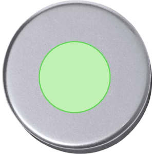 A drink bottle cap in silver with a green circular centre. The cap has a smooth finish and no additional features.