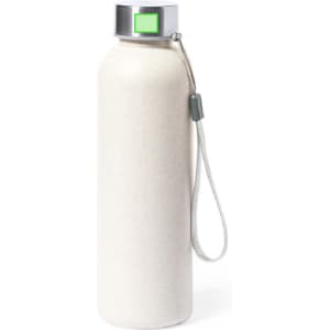 A drink bottle in white with a silver lid and a green accent, featuring a wrist strap and a logo.