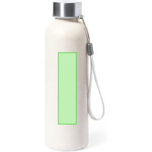 A drink bottle in a pale cream colour with a stainless steel lid, featuring a textured finish and a carrying strap.