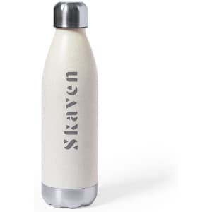 A drink bottle in cream with a metallic silver cap and a logo on the side.