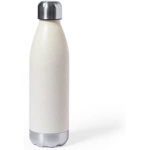 A drink bottle in a pale colour with a silver base and cap, featuring a brand logo.