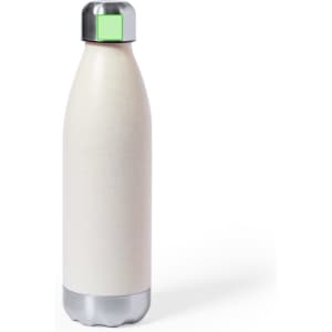 A drink bottle in a creamy white colour with a metallic silver and green cap, featuring a logo.