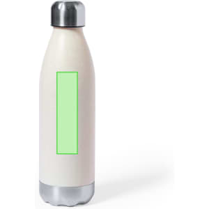 A drink bottle in cream with a stainless steel base and a branding area. Suitable for various beverages.