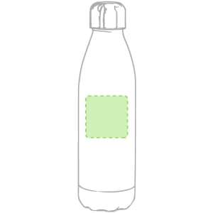 A drink bottle with a sleek, silver design and a green square for custom branding.