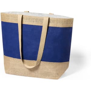 A navy and natural jute tote bag with two sturdy handles and a spacious interior.