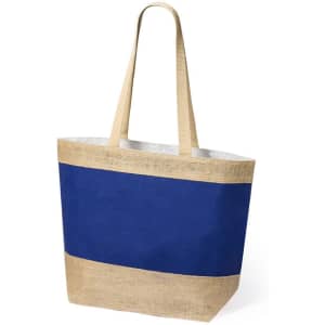 A tote bag featuring a navy blue fabric body and a natural jute bottom, with two sturdy handles and a logo.