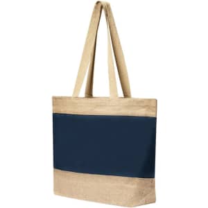 A tote bag with a navy blue panel and natural coloured fabric. It has two long straps and a simple design.