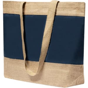 A navy and natural jute bag with sturdy handles, featuring a two-tone design and a logo.
