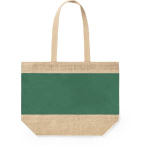 A green and beige tote bag with long handles and a simple design. It features a logo on the front.