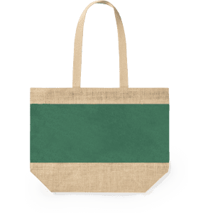 A green and natural-hued tote bag with a simple design and two sturdy handles, featuring a branding logo.