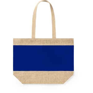 A natural jute bag with a vibrant blue centre stripe and sturdy handles. It features a logo on the side.