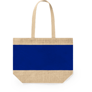 A blue and natural jute tote bag with two sturdy handles and a simple design. It features a logo.